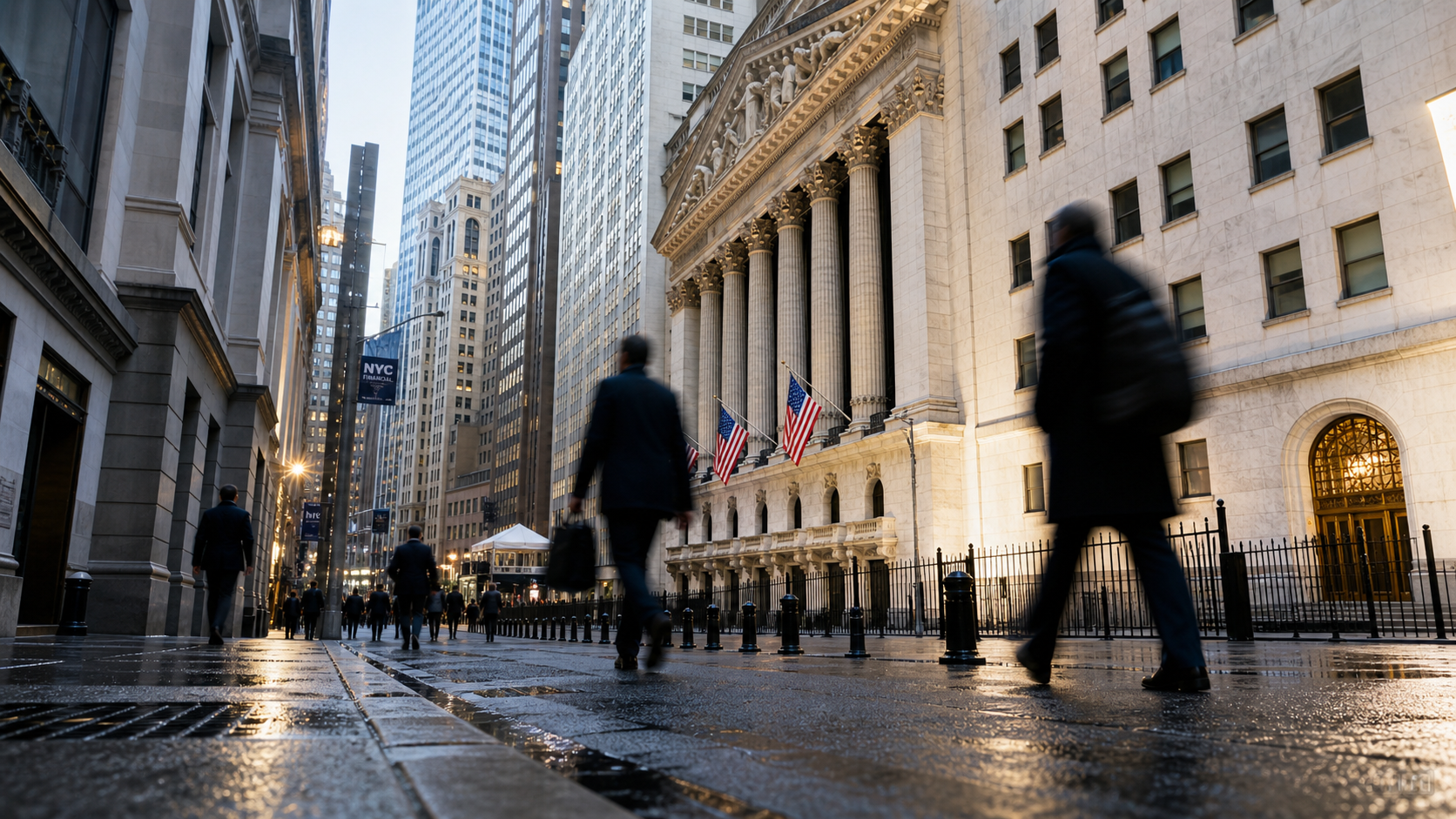 A bustling scene on Wall Street, showcasing the New York Stock Exchange building with its iconic columns and flags. Business professionals walk along the wet pavement, suggesting early morning activity in the financial district.