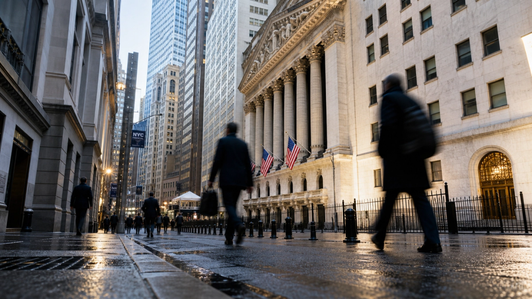 A bustling scene on Wall Street, showcasing the New York Stock Exchange building with its iconic columns and flags. Business professionals walk along the wet pavement, suggesting early morning activity in the financial district.