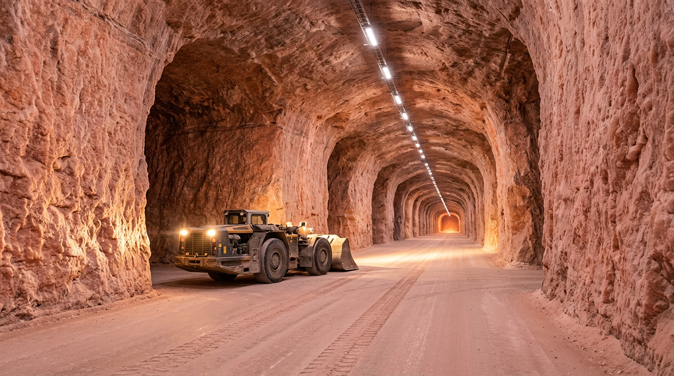 The image captures a vast potash mine tunnel, illuminated by industrial lights that emphasize the warm pink-orange hues of the salt rock walls. A low-profile loader is parked on the smooth, flat floor, its headlights cutting through the glowing corridor, which recedes into the distance, creating an awe-inspiring perspective.