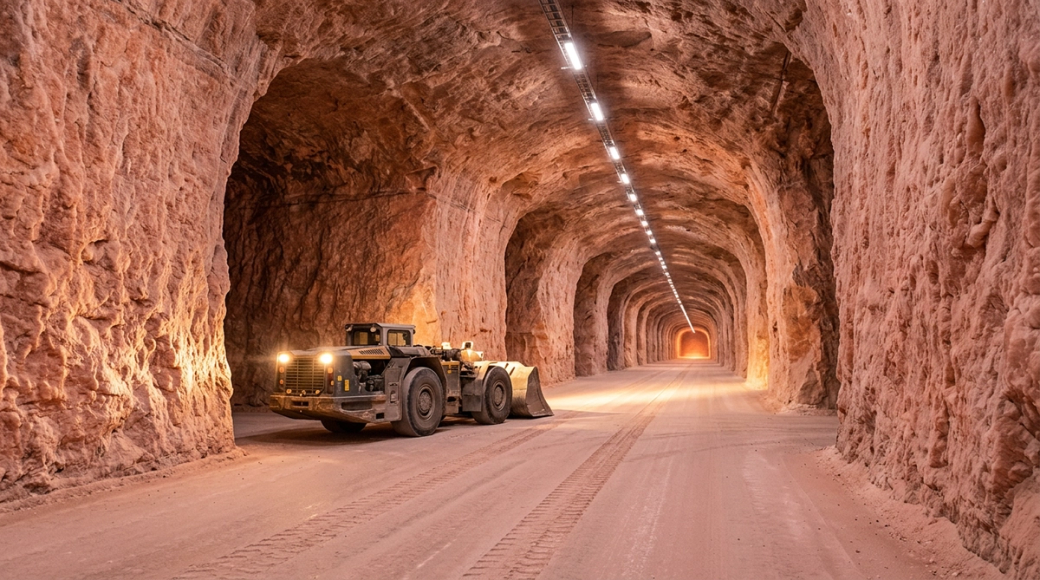 The image captures a vast potash mine tunnel, illuminated by industrial lights that emphasize the warm pink-orange hues of the salt rock walls. A low-profile loader is parked on the smooth, flat floor, its headlights cutting through the glowing corridor, which recedes into the distance, creating an awe-inspiring perspective.