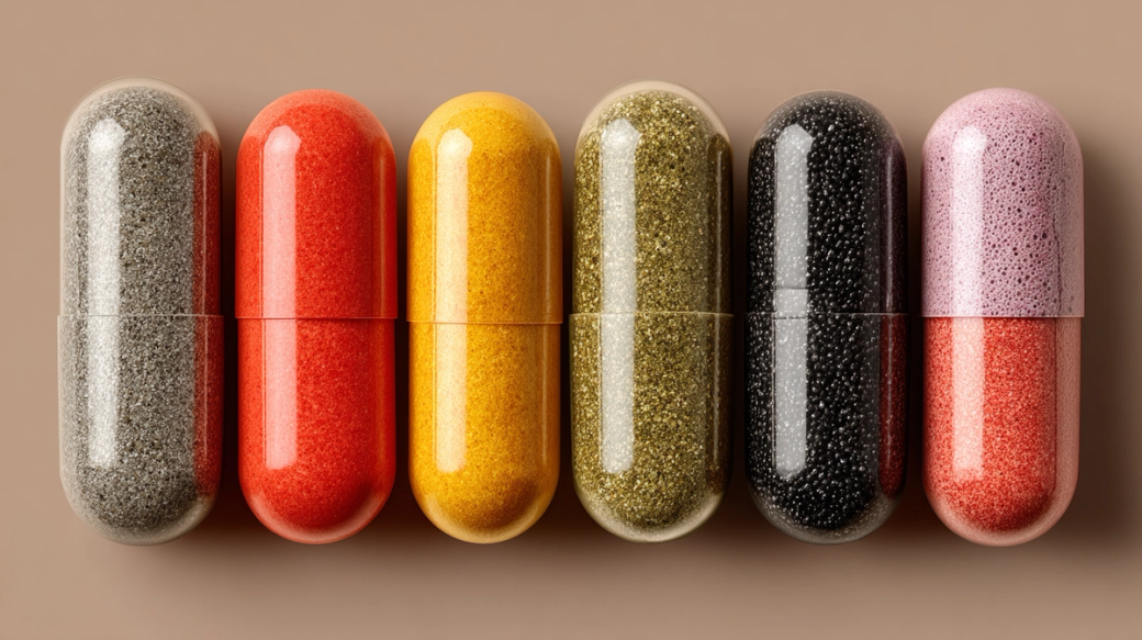 The image features a row of six large capsules filled with various colored powders, displayed against a neutral background. The capsules illustrate a variety of textures and hues, suggesting a focus on health and wellness products or supplements.