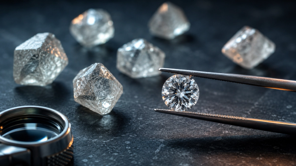 The image features a close-up view of a precision tool holding a round-cut diamond above several rough diamond stones. The diamonds are set against a dark, textured background, emphasizing their clarity and brilliance.