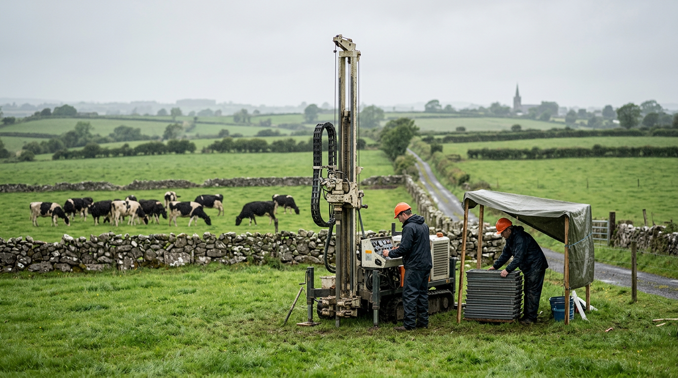 The image depicts a compact diamond drill rig situated in a verdant Irish pasture, where a two-person crew in waterproof gear is diligently working. One crew member monitors the rig's control panel while the other organizes core trays under a small tarpaulin shelter, with dairy cattle grazing peacefully in the background and a stone wall delineating the landscape.