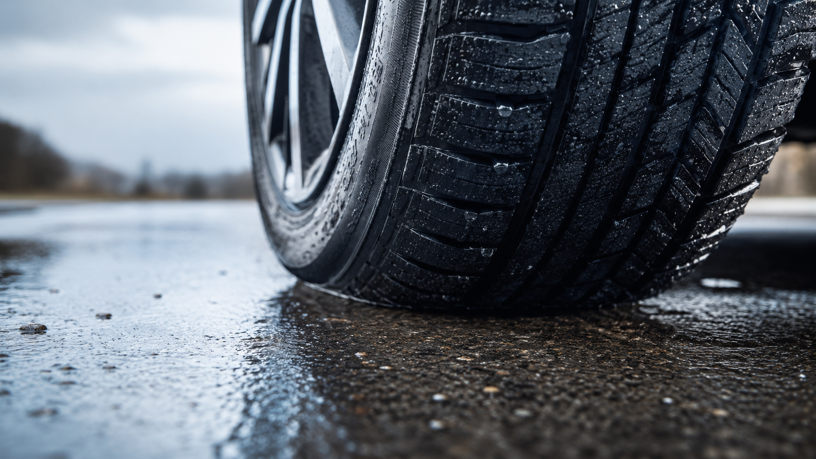 A close-up image of a car tire on a wet asphalt surface, showcasing the tire tread pattern. The scene appears to be outdoors, with a focus on the tire's contact with the wet ground.