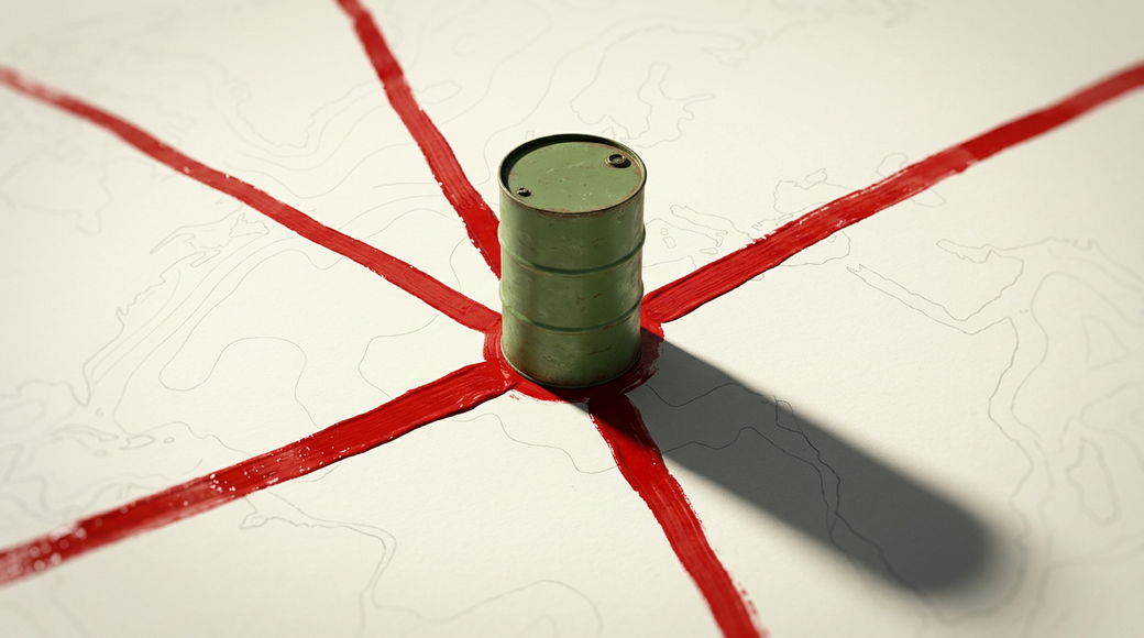 The image features a single upright oil drum positioned on a flat map surface, where several bold red boundary lines converge. The contour-like lines are subtly visible, and the barrel casts a striking shadow across the painted red lines, suggesting themes of territorial dispute and the geopolitics of resource extraction.