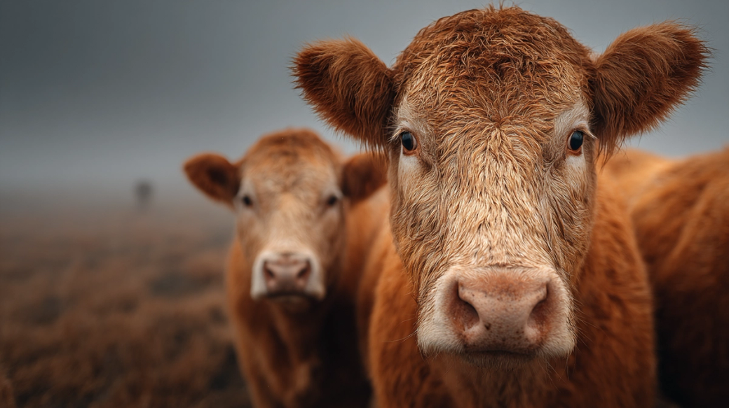 A close-up photograph of two cows standing in a misty field. The foreground cow is prominently featured with its wet fur and expressive eyes, while a second cow is slightly blurred in the background, creating a sense of depth.