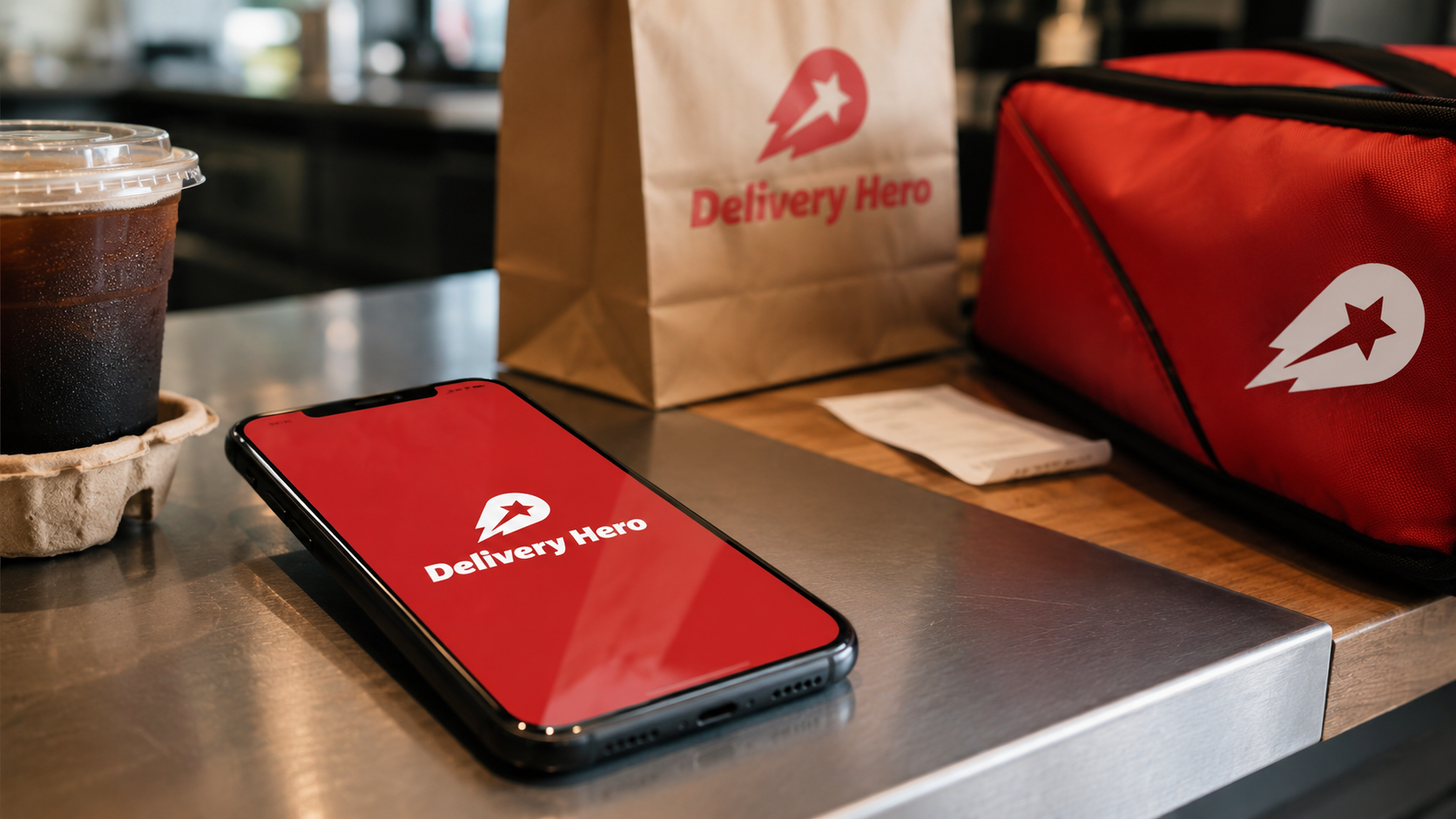 The image shows a smartphone displaying the Delivery Hero logo on a wooden table, alongside a coffee drink and a delivery bag. A paper bag with the Delivery Hero branding is also visible in the background.