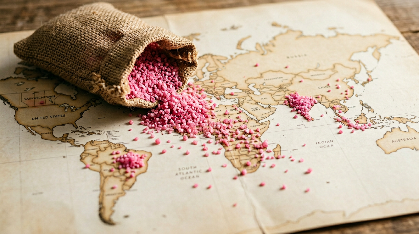 The image features a hessian sack spilling vivid pink potash granules onto a cream-colored world map, with the granules scattering across multiple continents, notably Brazil, India, and Southeast Asia. This visual metaphorically represents global trade, highlighting the commodity's journey from its origin point in Saskatchewan to major import markets, emphasizing the connection between production and consumption.