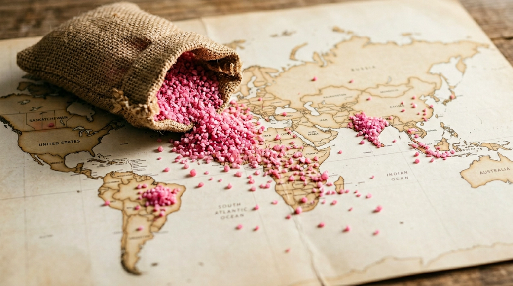The image features a hessian sack spilling vivid pink potash granules onto a cream-colored world map, with the granules scattering across multiple continents, notably Brazil, India, and Southeast Asia. This visual metaphorically represents global trade, highlighting the commodity's journey from its origin point in Saskatchewan to major import markets, emphasizing the connection between production and consumption.