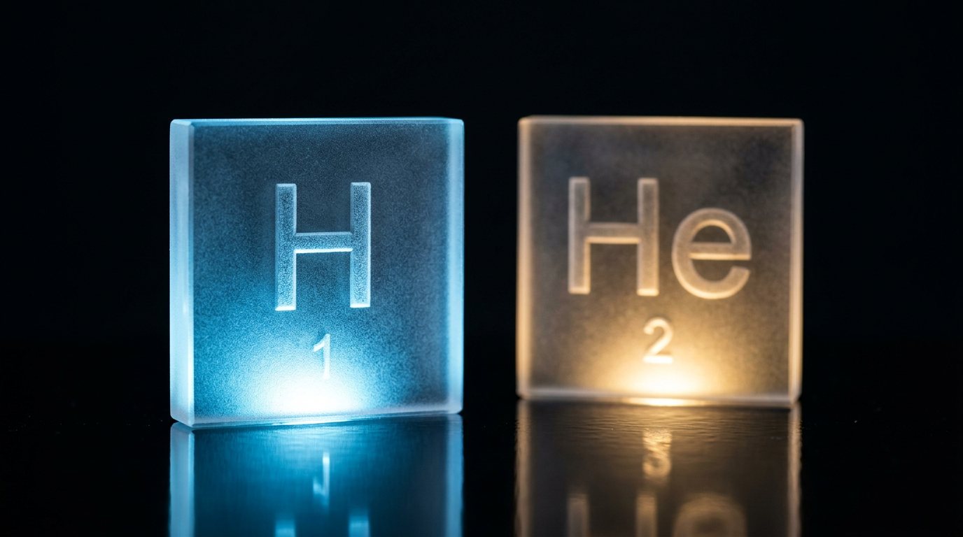 The image features two translucent blocks displaying the chemical elements Hydrogen and Helium. The blocks are illuminated from below, highlighting the symbols 'H' and 'He' along with their atomic numbers.