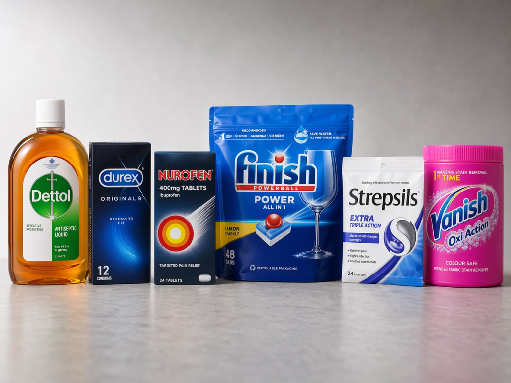 The image displays a selection of healthcare and household products arranged in a linear formation. Notable items include a disinfectant, condoms, pain relief tablets, a dishwasher detergent, throat lozenges, and a stain remover.