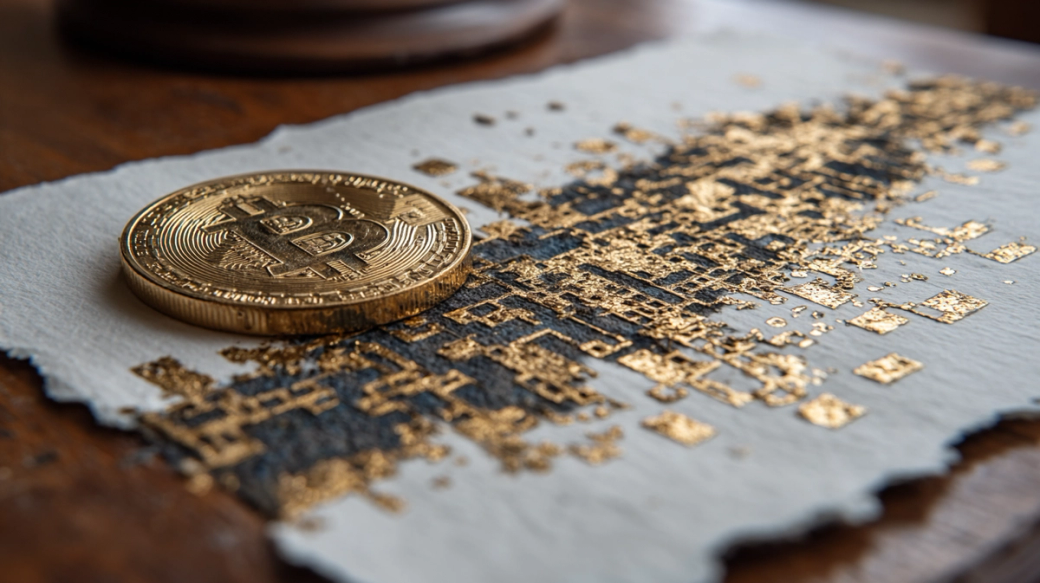 The image features a large, physically realistic Bitcoin coin placed on a textured paper with intricate golden patterns resembling a digital circuit. The contrast between the physical coin and the artistic representation emphasizes the intersection of cryptocurrency and design.
