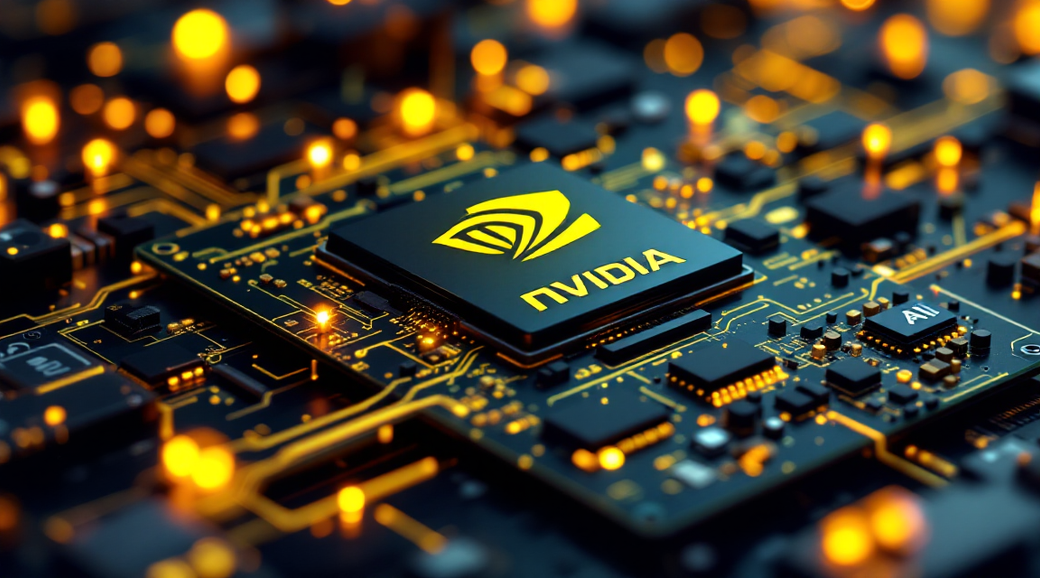 The image showcases a close-up of a computer circuit board featuring a prominent Nvidia chip, surrounded by glowing components and circuitry. This visual highlights the technological advancements in server rack design, specifically relating to Nvidia's competitive positioning in the AI chip market.