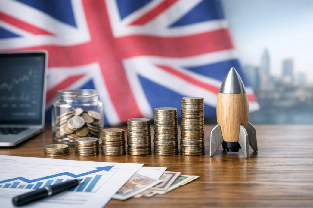 The image features a wooden rocket model next to a stack of coins and a chart on paper, indicating themes of finance and investment. In the background, a blurred union jack flag adds a British context to the financial setting.