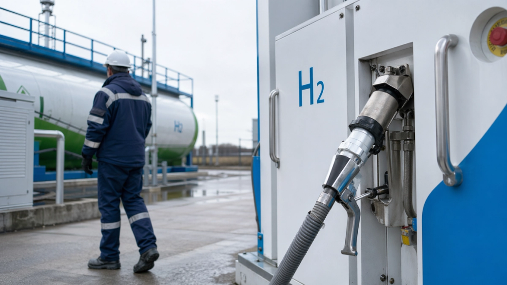 The image shows a worker in blue safety gear walking away from a hydrogen fueling station. The fueling nozzle is prominently displayed, indicating a focus on hydrogen fuel technology.