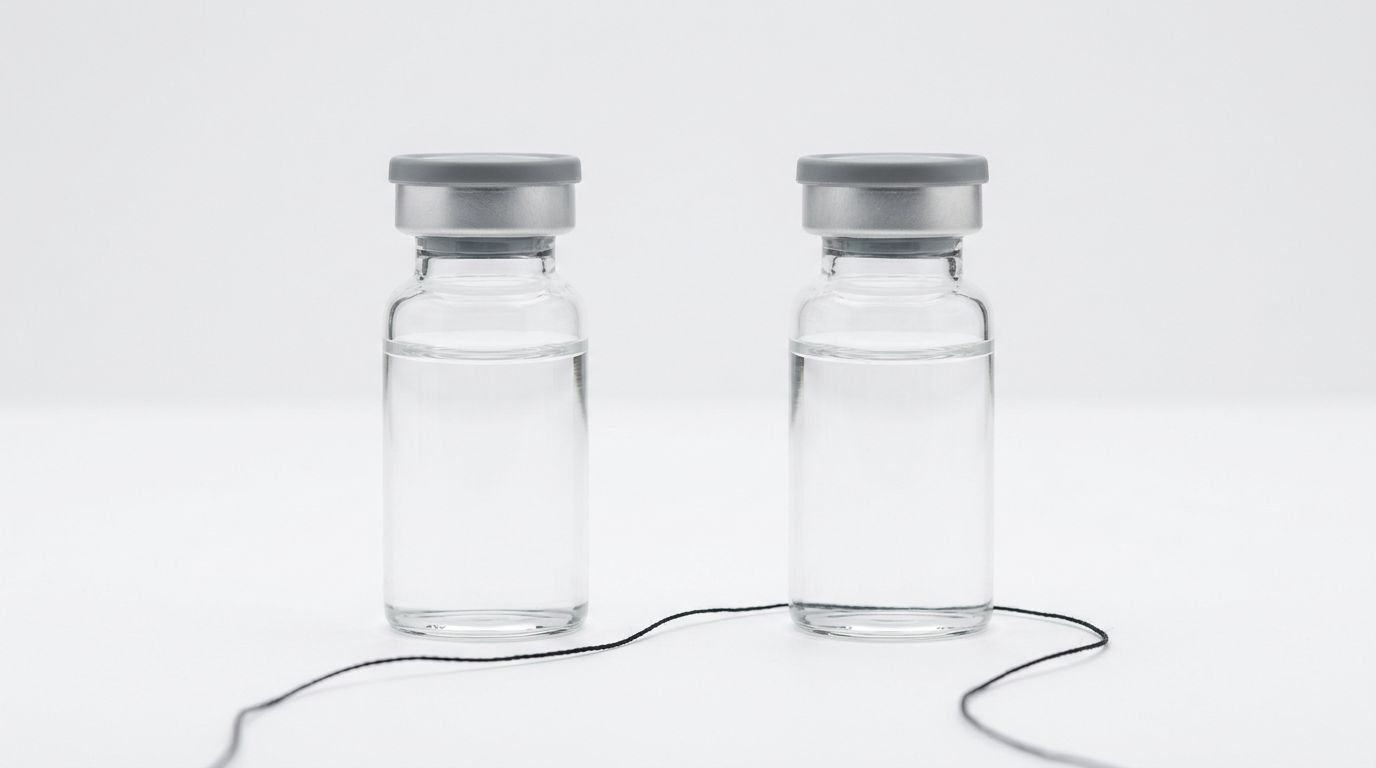 The image features two identical clear glass vials filled with a colorless liquid, placed side by side on a matte white surface. Each vial is sealed with a grey rubber stopper and aluminum crimp cap, creating a visual metaphor for a blinded trial in clinical research, highlighting their indistinguishable nature amidst a minimalist, neutral backdrop.