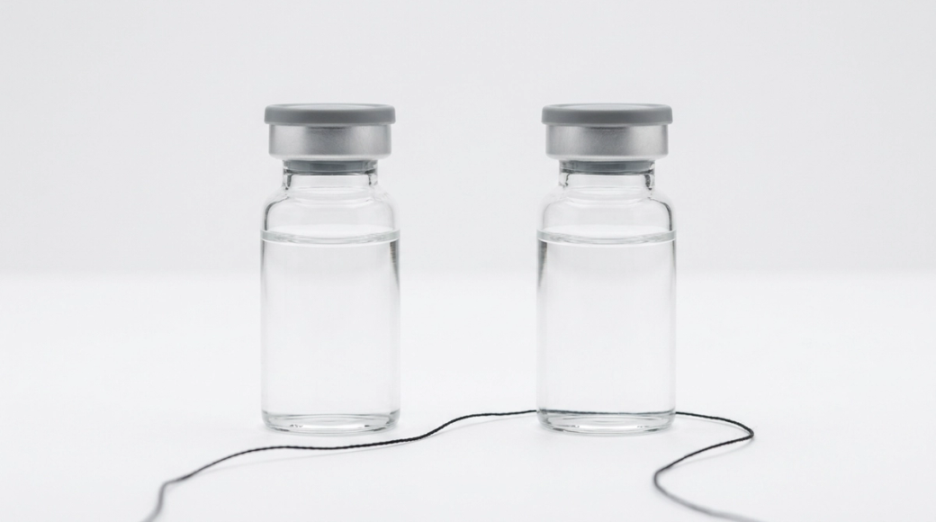 The image features two identical clear glass vials filled with a colorless liquid, placed side by side on a matte white surface. Each vial is sealed with a grey rubber stopper and aluminum crimp cap, creating a visual metaphor for a blinded trial in clinical research, highlighting their indistinguishable nature amidst a minimalist, neutral backdrop.