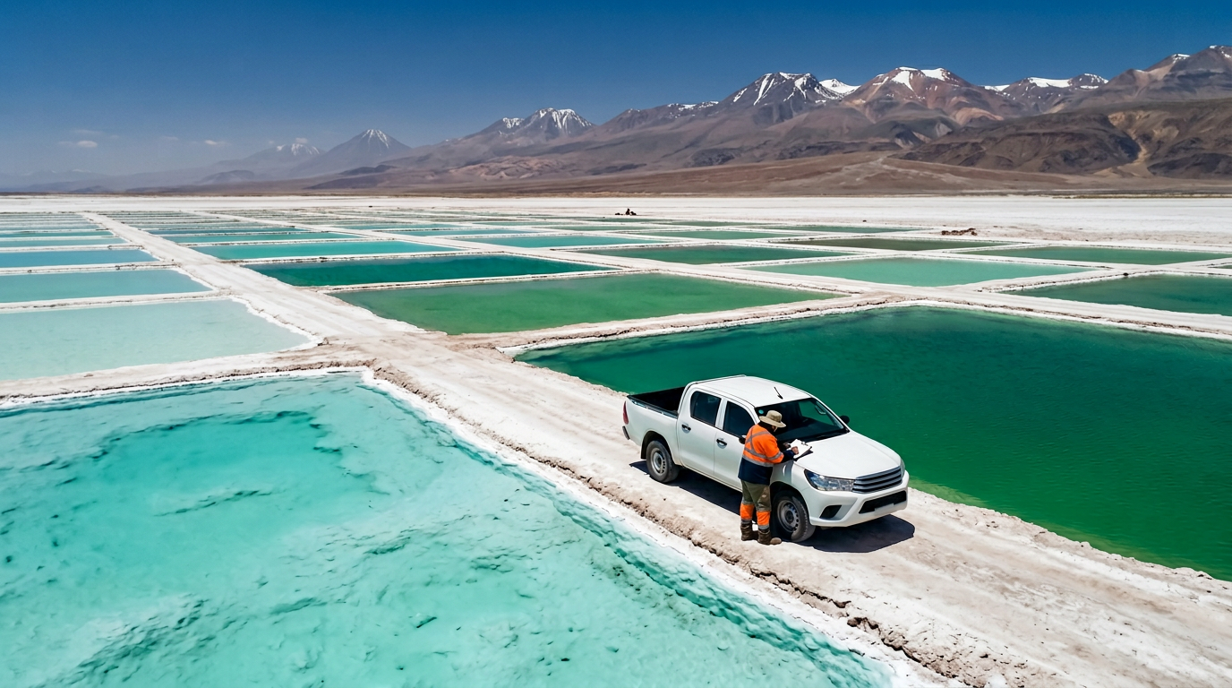 An aerial view of a lithium brine evaporation pond complex in the Atacama Desert, showcasing rectangular pools in varying shades of turquoise and jade-green. A man in high-visibility gear stands by a white pickup truck on a narrow causeway, with the Andes mountains visible in the background under a clear blue sky.