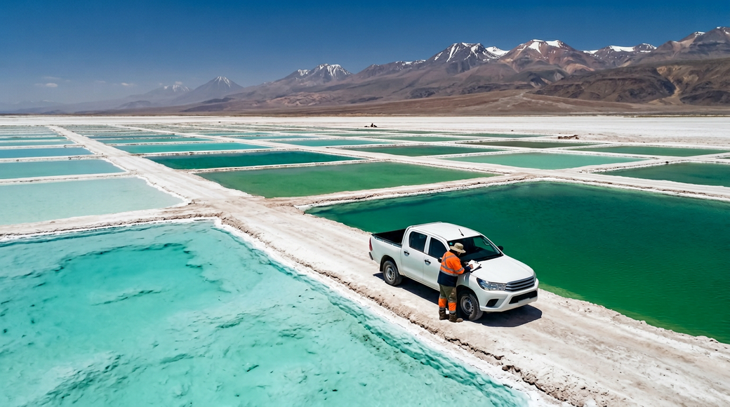 An aerial view of a lithium brine evaporation pond complex in the Atacama Desert, showcasing rectangular pools in varying shades of turquoise and jade-green. A man in high-visibility gear stands by a white pickup truck on a narrow causeway, with the Andes mountains visible in the background under a clear blue sky.