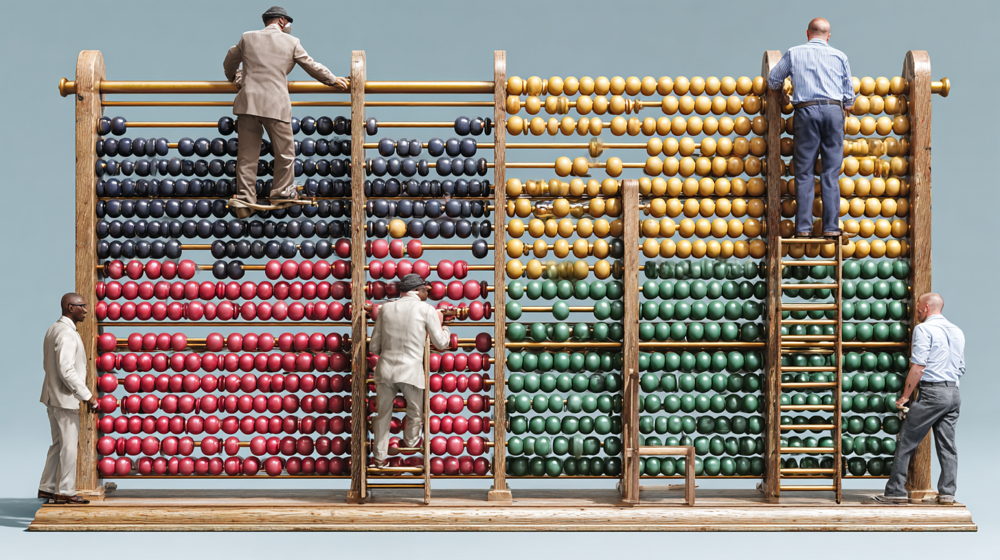 The image depicts several men interacting with a large, colorful abacus. They are positioned at different heights on ladders, engaged in arranging the beads in various colors, which symbolize numerical data or calculations.