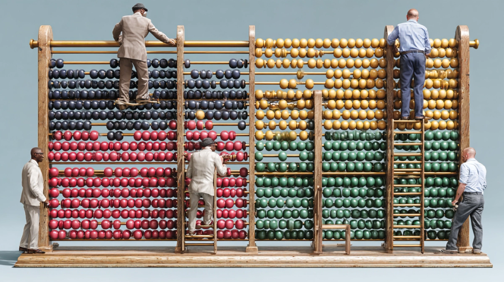 The image depicts several men interacting with a large, colorful abacus. They are positioned at different heights on ladders, engaged in arranging the beads in various colors, which symbolize numerical data or calculations.
