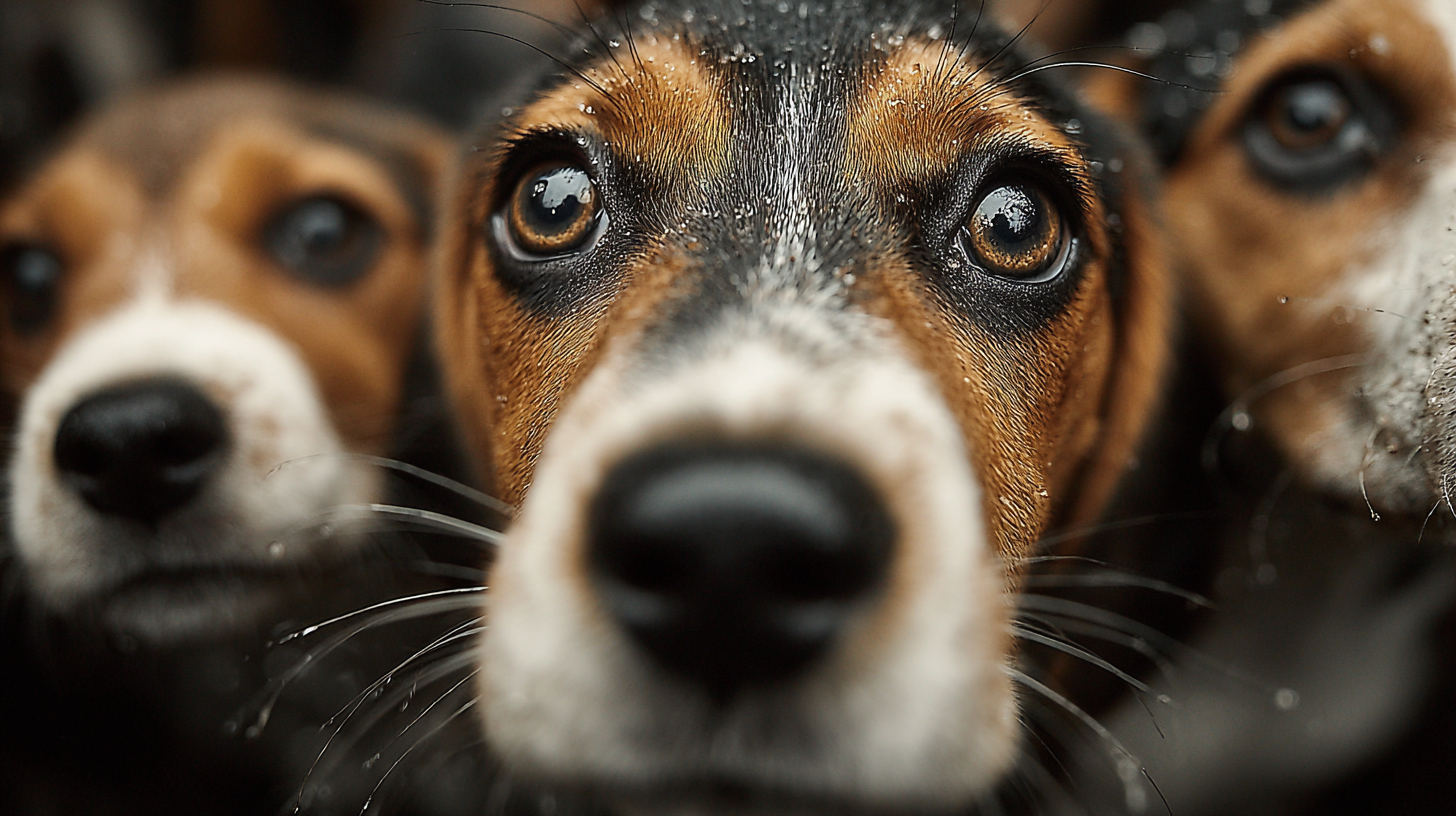 A close-up shot of several beagle dogs with water droplets on their fur, showcasing their expressive eyes and distinct features. The image captures the curious and attentive nature of the dogs as they peer into the camera.
