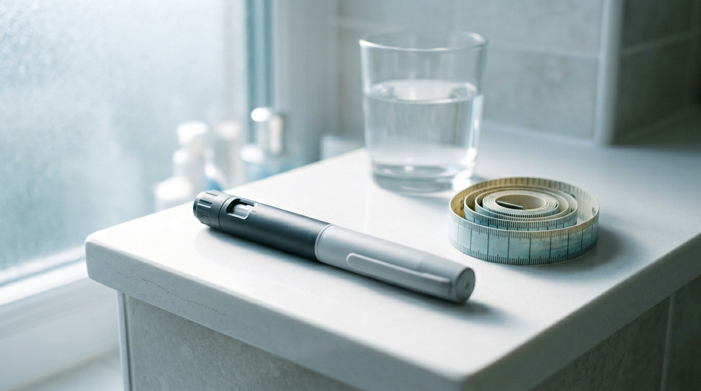 The image captures a GLP-1 injection pen lying diagonally on a clean white bathroom shelf, alongside a glass of water and a coiled fabric tape measure. Morning light gently illuminates the scene, creating soft shadows and highlighting the sleek, clinical design of the pen, which features a dose dial and capped needle, suggestive of a routine medical practice.