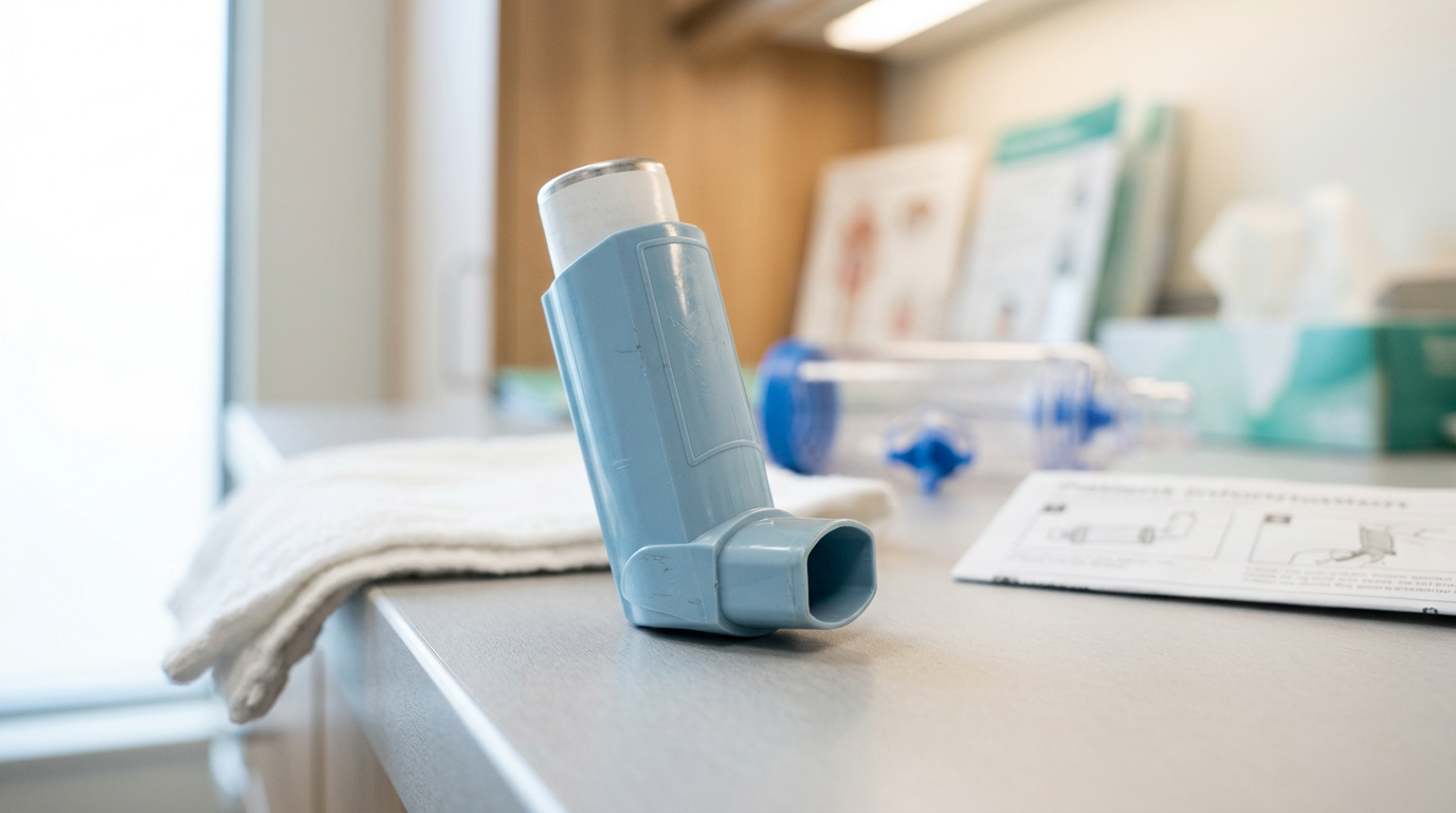 The image features a blue asthma inhaler prominently placed on a clean bedside table or clinic counter. The inhaler is depicted from a low angle, showing its mouthpiece and plastic design in sharp focus, while a softly blurred spacer device and a folded patient information leaflet are visible in the background, contributing to a calm and clinical atmosphere.