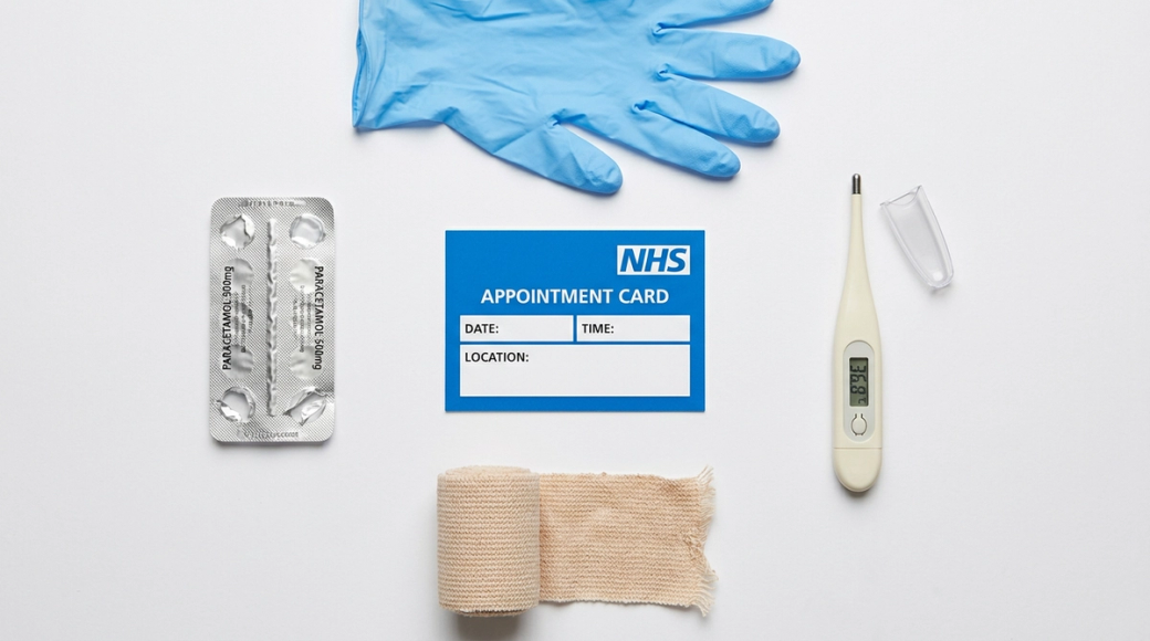 The image features a neat arrangement of healthcare items on a plain white surface. Central to the composition is a blue NHS appointment card, with surrounding objects including a blister pack of tablets, a digital thermometer, a rolled crepe bandage, and a single latex glove, all distinctly separated to highlight their use in public health settings.