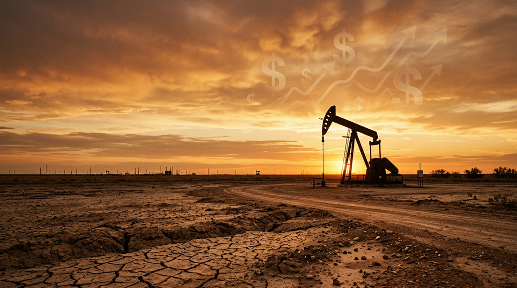 The image depicts an oil pump jack in a desolate landscape during sunset, with a cracked ground indicative of a dry environment. Overlayed graphics suggest financial trends related to oil prices.
