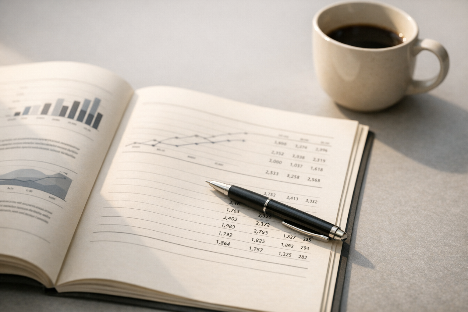 An open notebook displaying financial data and graphs sits on a table next to a coffee cup. The notebook contains charts and numerical figures relevant to financial analysis.