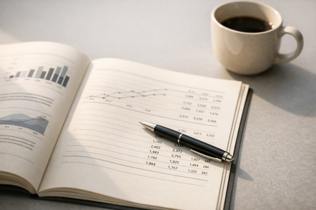An open notebook displaying financial data and graphs sits on a table next to a coffee cup. The notebook contains charts and numerical figures relevant to financial analysis.