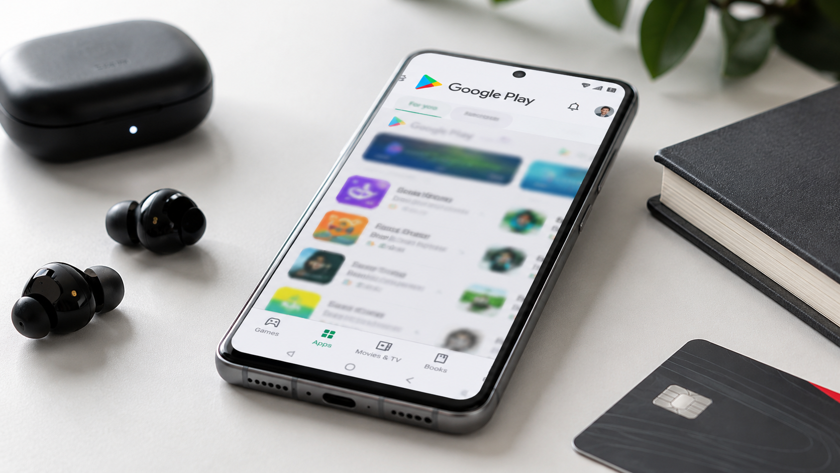 A smartphone displaying the Google Play store interface, featuring various app icons. The device is placed on a desk alongside wireless earbuds, a credit card, and a notebook, creating a modern and organized workspace setup.