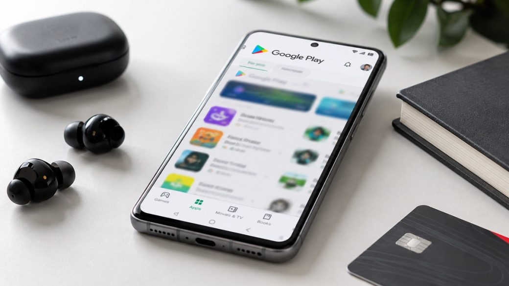 A smartphone displaying the Google Play store interface, featuring various app icons. The device is placed on a desk alongside wireless earbuds, a credit card, and a notebook, creating a modern and organized workspace setup.
