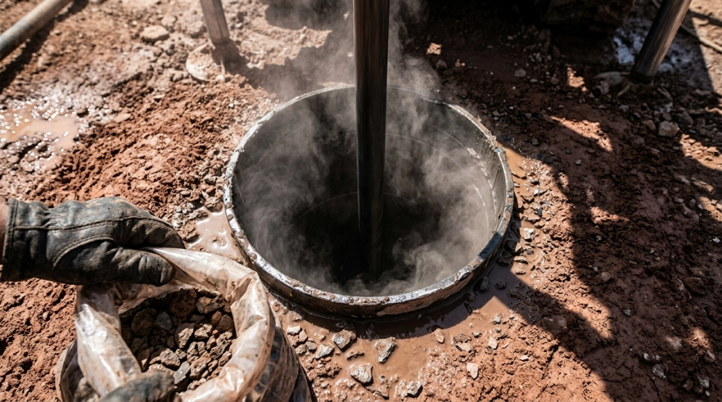 The image shows a close-up view of the collar of an RC drill hole, featuring a steel casing ring embedded in red-brown earth. A drill rod extends downward into darkness, with compressed air and fine rock dust being expelled around the collar, while scattered rock chips and muddy water are visible nearby.