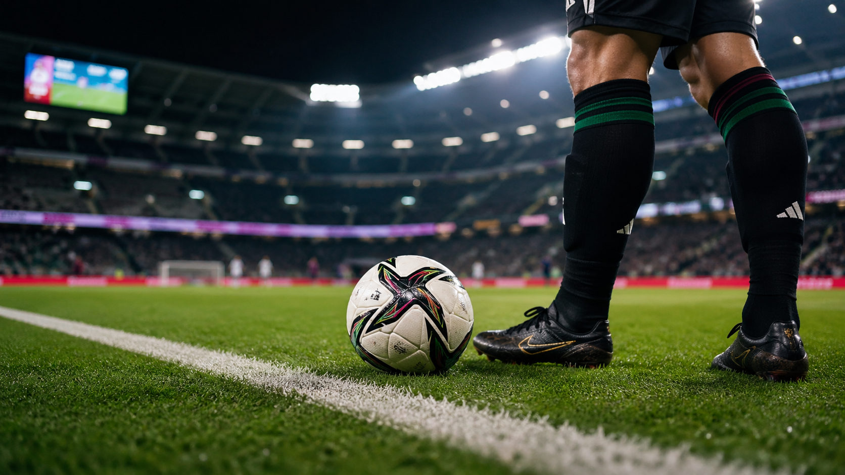 A close-up view of a soccer player positioned near the corner flag, preparing to take a corner kick. The stadium is filled with spectators, and bright floodlights illuminate the field.