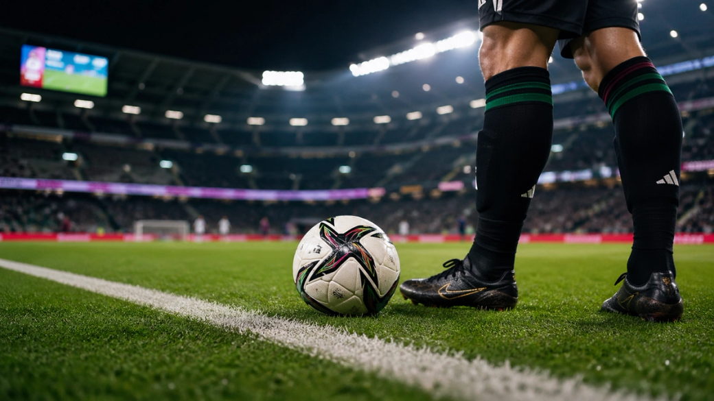 A close-up view of a soccer player positioned near the corner flag, preparing to take a corner kick. The stadium is filled with spectators, and bright floodlights illuminate the field.