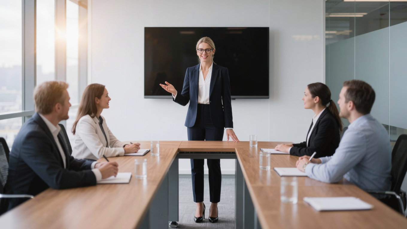 A professional woman stands at the front of a modern conference room, addressing a group of four seated colleagues. The setting features a large screen and sleek furnishings, illustrating a business meeting environment.