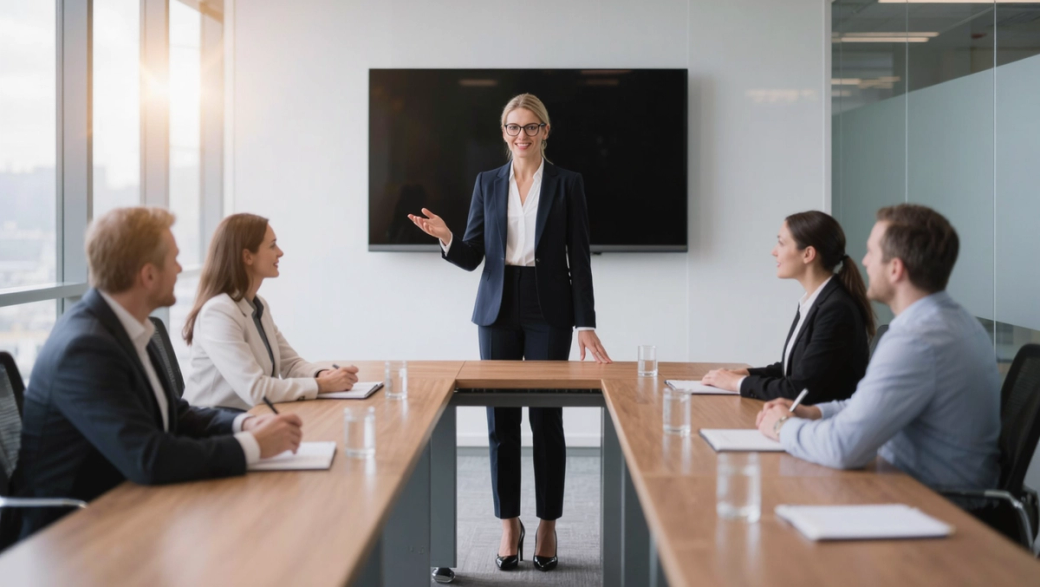 A professional woman stands at the front of a modern conference room, addressing a group of four seated colleagues. The setting features a large screen and sleek furnishings, illustrating a business meeting environment.