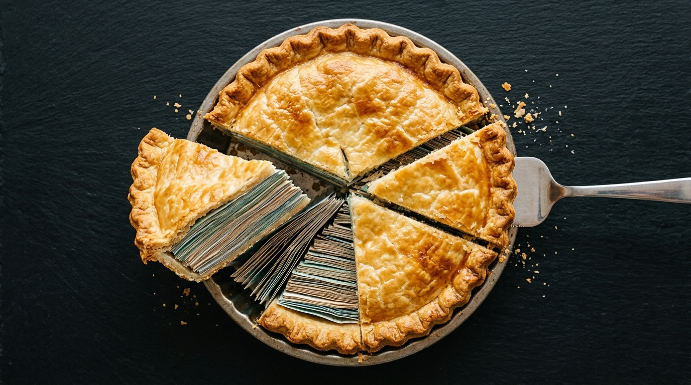 The image presents a surreal still life of a baked pie with a golden shortcrust pastry, sliced open to reveal layers of banknotes instead of a traditional filling. One wedge has been neatly cut away, showcasing the colorful banknotes fanning out slightly, juxtaposed against the matte black surface, highlighting a stark contrast between domesticity and finance.