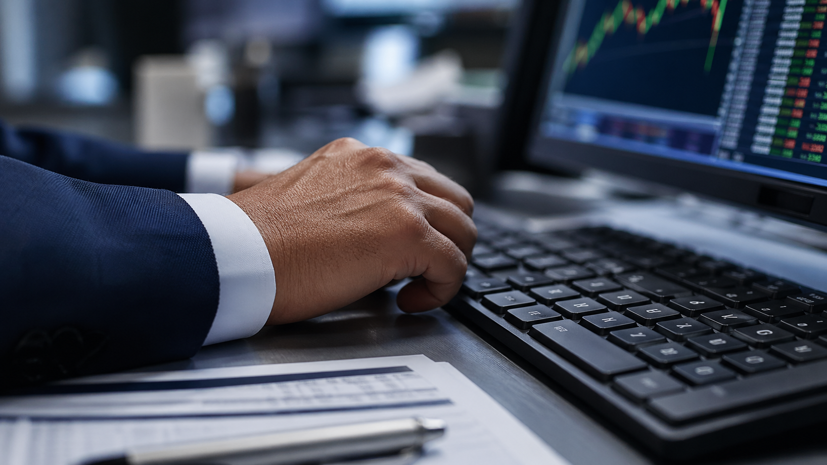 A close-up of a business professional's hand on a keyboard while working at a trading desk. Multiple financial graphs and stock data are displayed on the monitor.