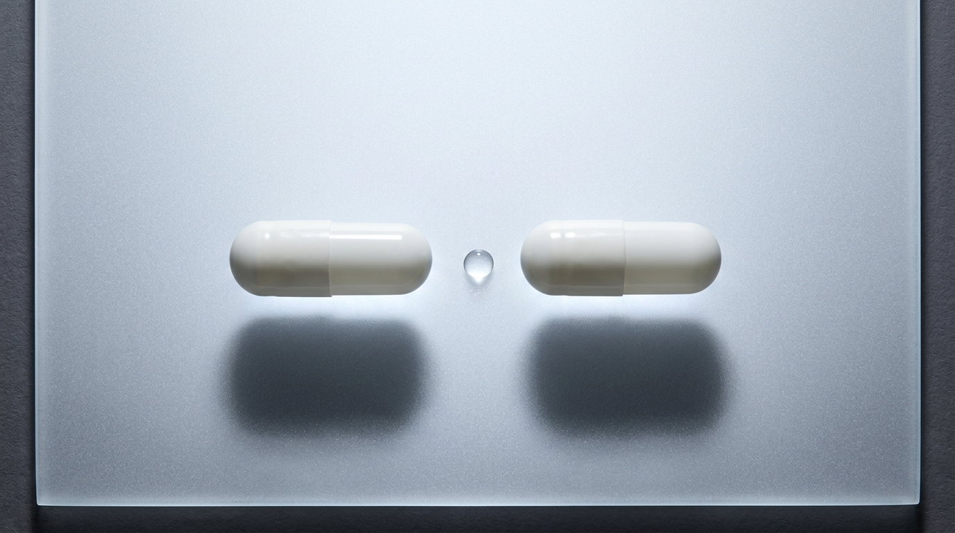 The image features two identical pharmaceutical-grade gelatin capsules, smooth and opaque white, lying parallel on a frosted glass surface. Below them, the capsules cast soft, blurred shadows onto a dark grey card, while a single water droplet rests on the glass, adding an element of chance to the otherwise symmetrical composition.