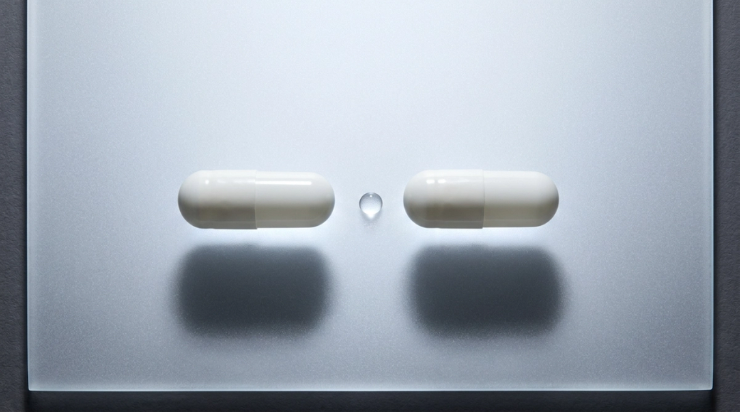 The image features two identical pharmaceutical-grade gelatin capsules, smooth and opaque white, lying parallel on a frosted glass surface. Below them, the capsules cast soft, blurred shadows onto a dark grey card, while a single water droplet rests on the glass, adding an element of chance to the otherwise symmetrical composition.