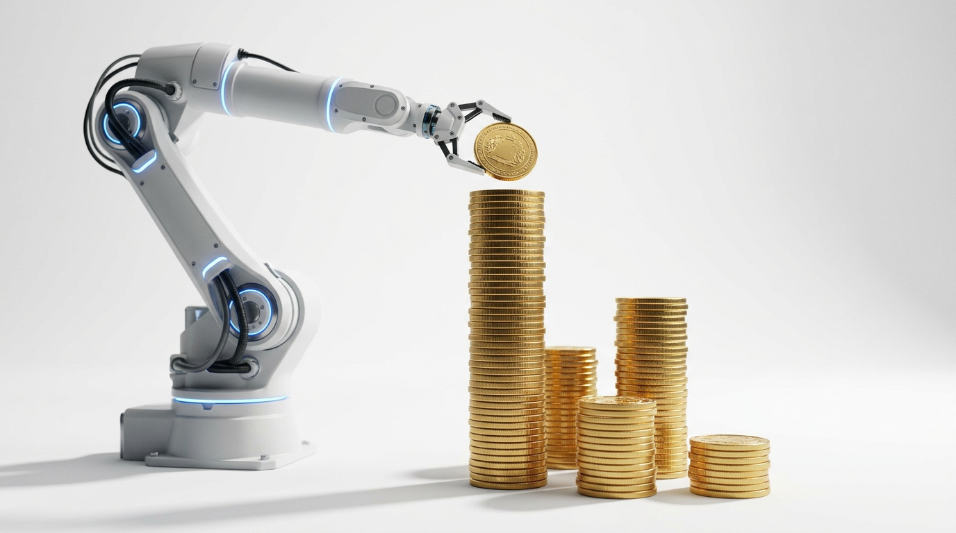 The image illustrates a robotic arm picking up a coin, with several stacks of coins arranged in ascending order. The background is minimalistic, highlighting the interaction between technology and finance.