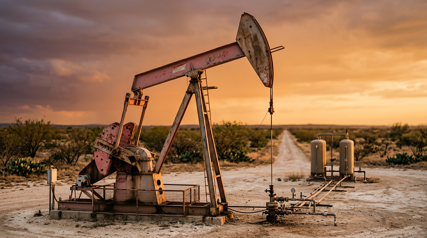 The image depicts a classic beam pump jack, known as a horse-head nodding unit, positioned in a vast Texas landscape. The pump jack, with sun-bleached and rust-patched surfaces, rises against a dramatic sky transitioning to orange and purple hues, reflecting the late afternoon light. Adjacent to the pump jack, a small wellhead and flow lines lead to separator tanks, set against a backdrop of mesquite scrub and prickly pear.