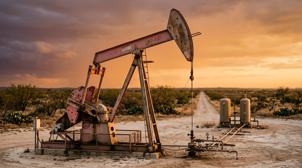 The image depicts a classic beam pump jack, known as a horse-head nodding unit, positioned in a vast Texas landscape. The pump jack, with sun-bleached and rust-patched surfaces, rises against a dramatic sky transitioning to orange and purple hues, reflecting the late afternoon light. Adjacent to the pump jack, a small wellhead and flow lines lead to separator tanks, set against a backdrop of mesquite scrub and prickly pear.