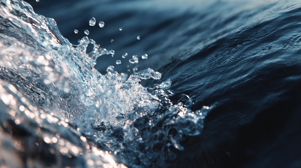 The image captures a close-up view of ocean waves, highlighting droplets of water splashing as they crash against the surface. The shimmering reflections create a dynamic and captivating visual of the natural water environment.