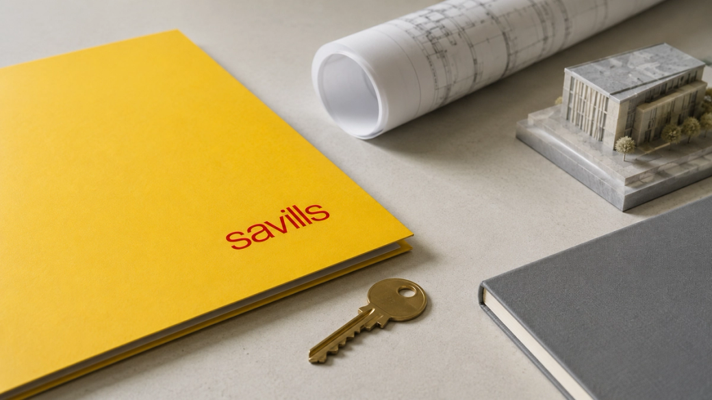 The image features a flat lay of a yellow folder with the logo 'savills', a key, a rolled blueprint, and a small architectural model on a neutral surface. The arrangement suggests a focus on real estate or property planning.