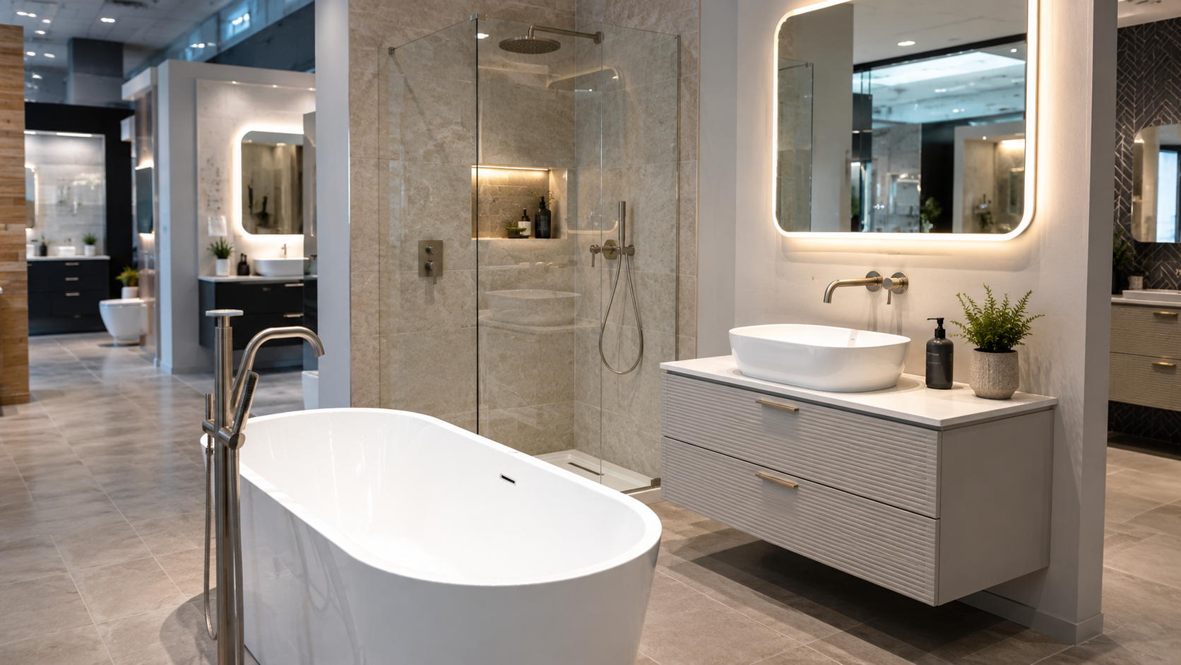 A modern bathroom showroom featuring a freestanding bathtub, a sleek vanity with a vessel sink, and a spacious walk-in shower. The decor includes contemporary fixtures and neutral-toned tiles, creating a stylish and inviting atmosphere.