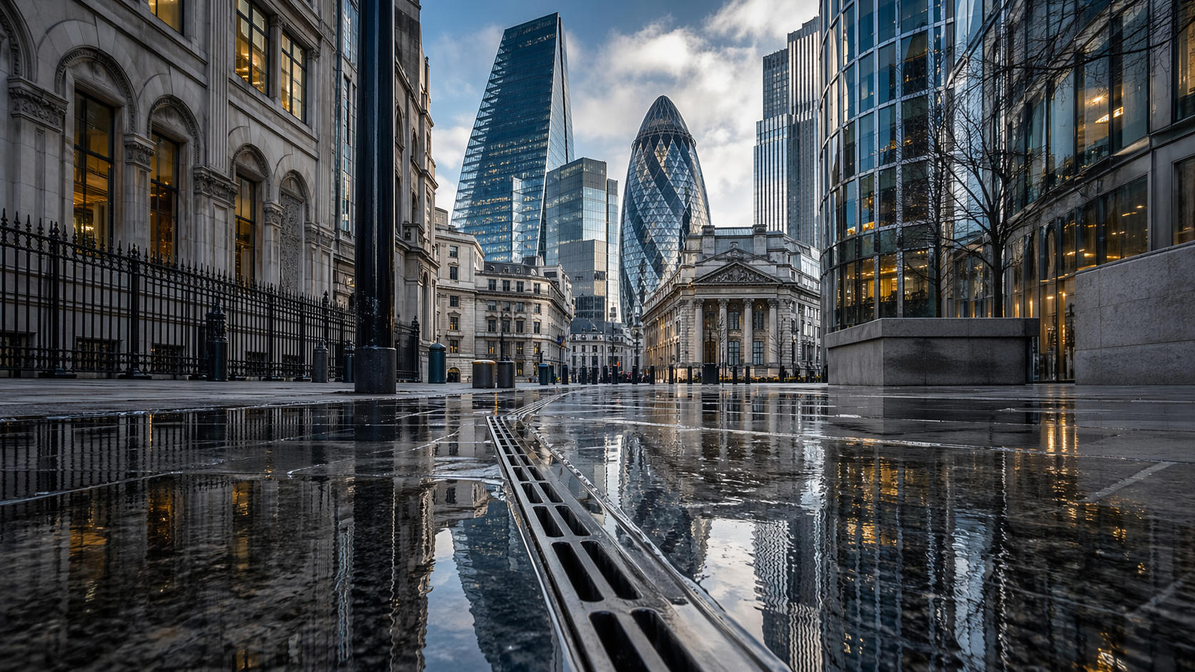 A reflective view of a modern financial district featuring iconic skyscrapers, including the Gherkin, set against a cloudy sky. The wet pavement enhances the contrast between the historical architecture and contemporary buildings.